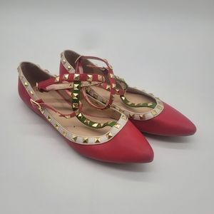 Wild Diva Lounge Womens Pippa 35 T-Strap Flat Shoes Pink Buckle Studded 8 New